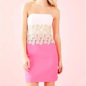 Lilly Pulitzer Kade Strapless Embroidered Mini Dress Pink/Gold (No Straps)
